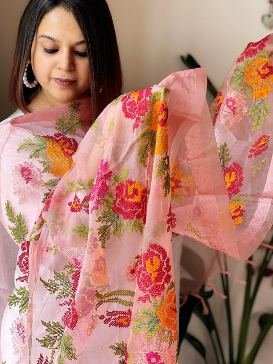 Peachish Pink Organza Dupatta with cross - stitch embroidery - Masakalee