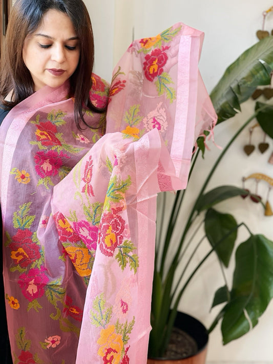 Peachish Pink Organza Dupatta with cross - stitch embroidery - Masakalee