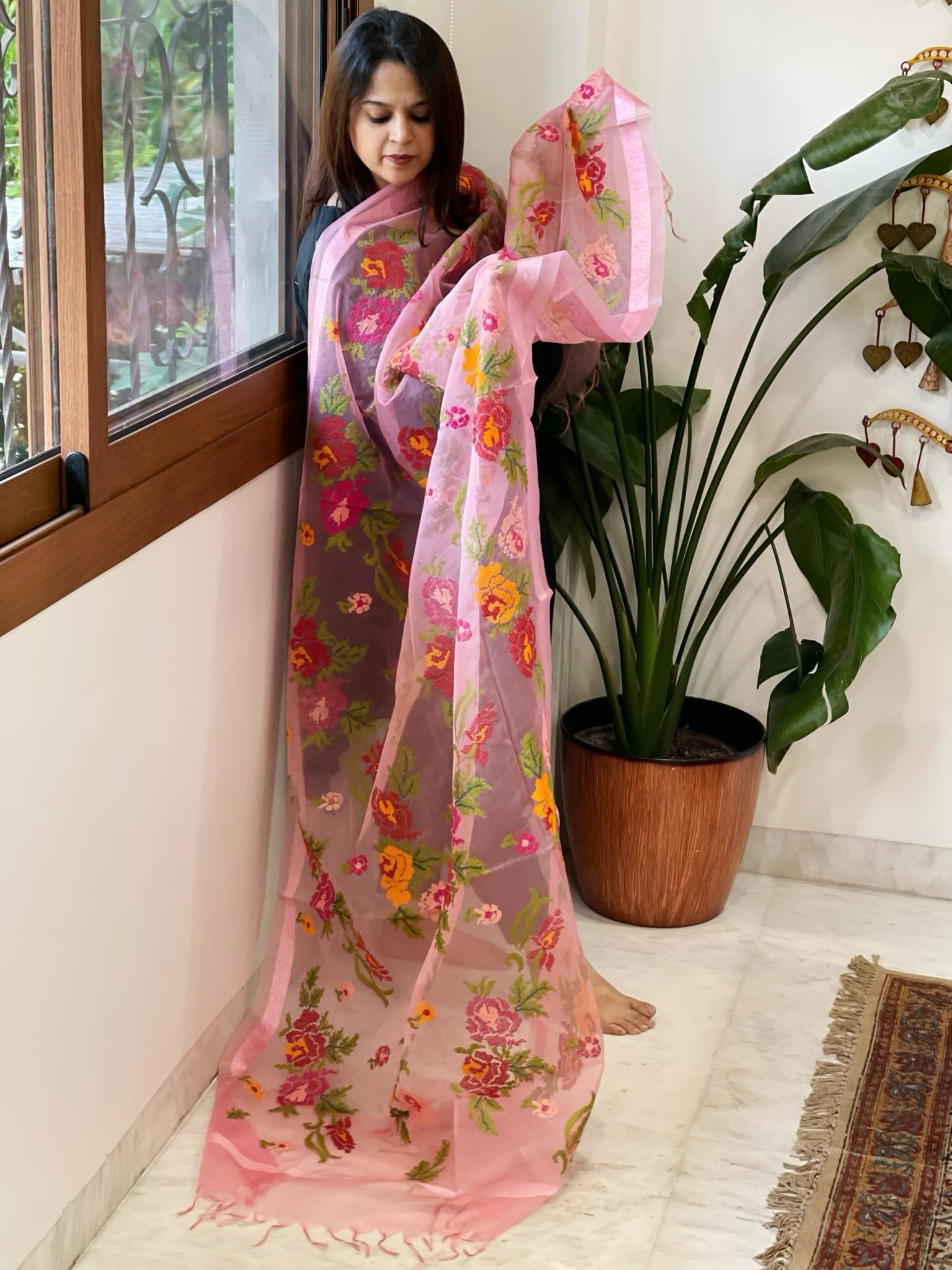 Peachish Pink Organza Dupatta with cross - stitch embroidery - Masakalee