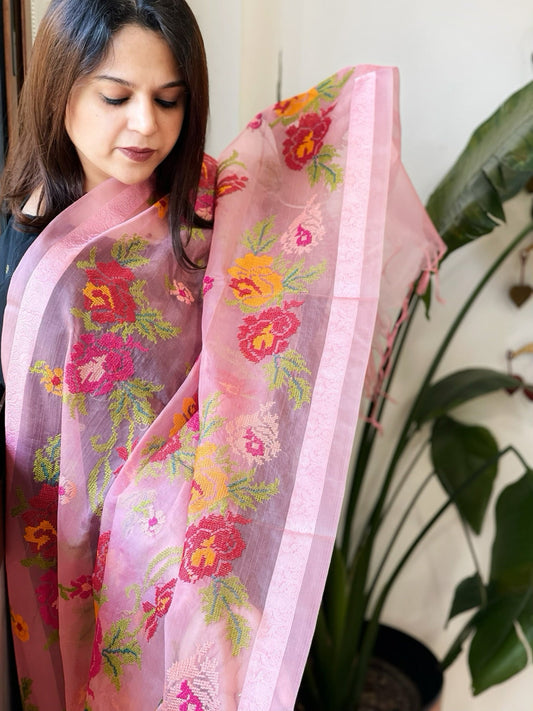 Peachish Pink Organza Dupatta with cross - stitch embroidery - Masakalee