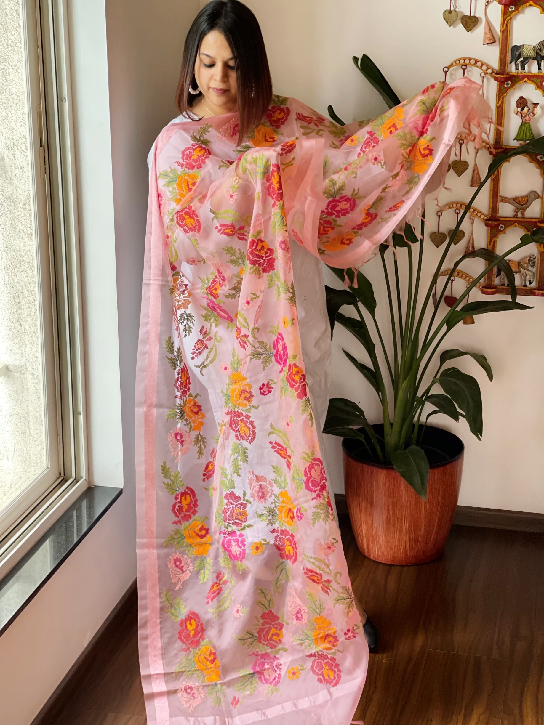 Peachish Pink Organza Dupatta with cross - stitch embroidery - Masakalee