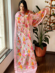 Peachish Pink Organza Dupatta with cross - stitch embroidery - Masakalee