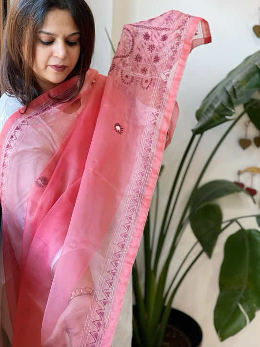 Peachish Pink Organza dupatta with Lambani Hand Embroidery - Masakalee