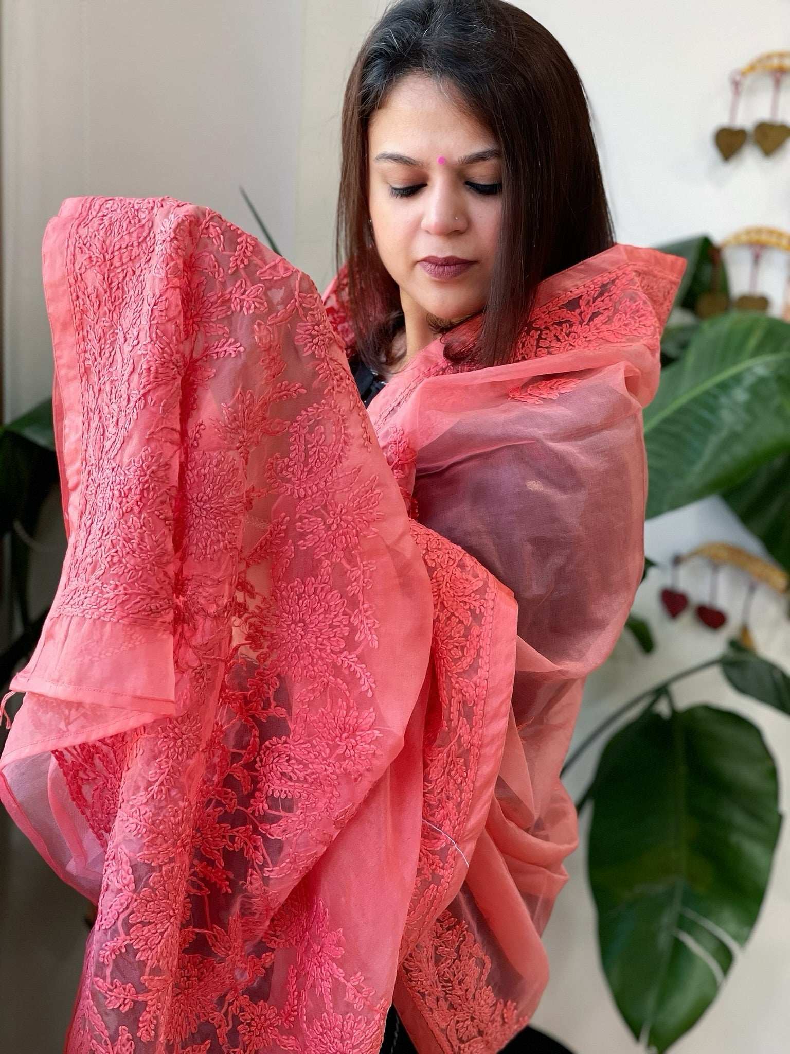 Peachish Pink Organza dupatta with Lucknowi Handwork - Masakalee