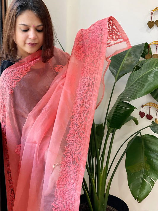Peachish Pink Organza dupatta with Lucknowi Handwork - Masakalee