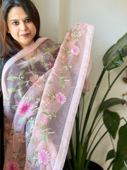 Peachish Pink Organza Dupatta with thread embroidery - Masakalee