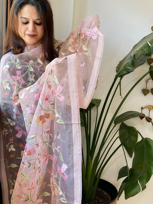 Peachish Pink Organza Dupatta with thread embroidery - Masakalee