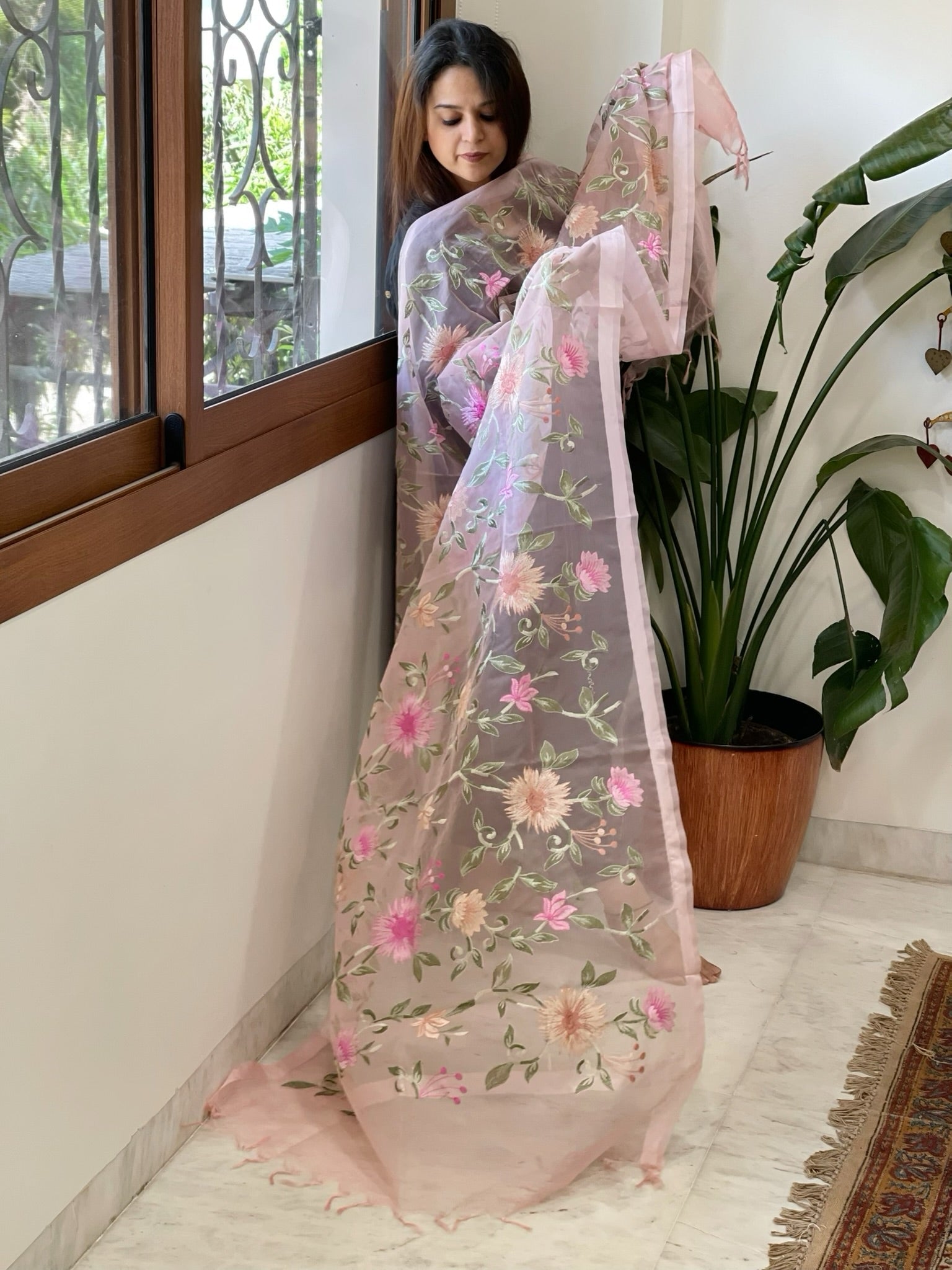 Peachish Pink Organza Dupatta with thread embroidery - Masakalee