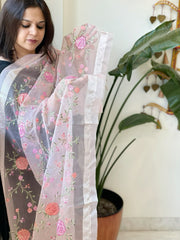 Peachish Pink Organza Dupatta with Thread Embroidery - Masakalee