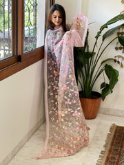 Peachish Pink Organza Dupatta with thread embroidery - Masakalee