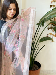 Peachish Pink Organza Dupatta with Thread Embroidery - Masakalee
