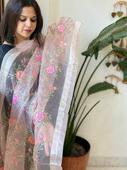 Peachish Pink Organza Dupatta with Thread Embroidery - Masakalee