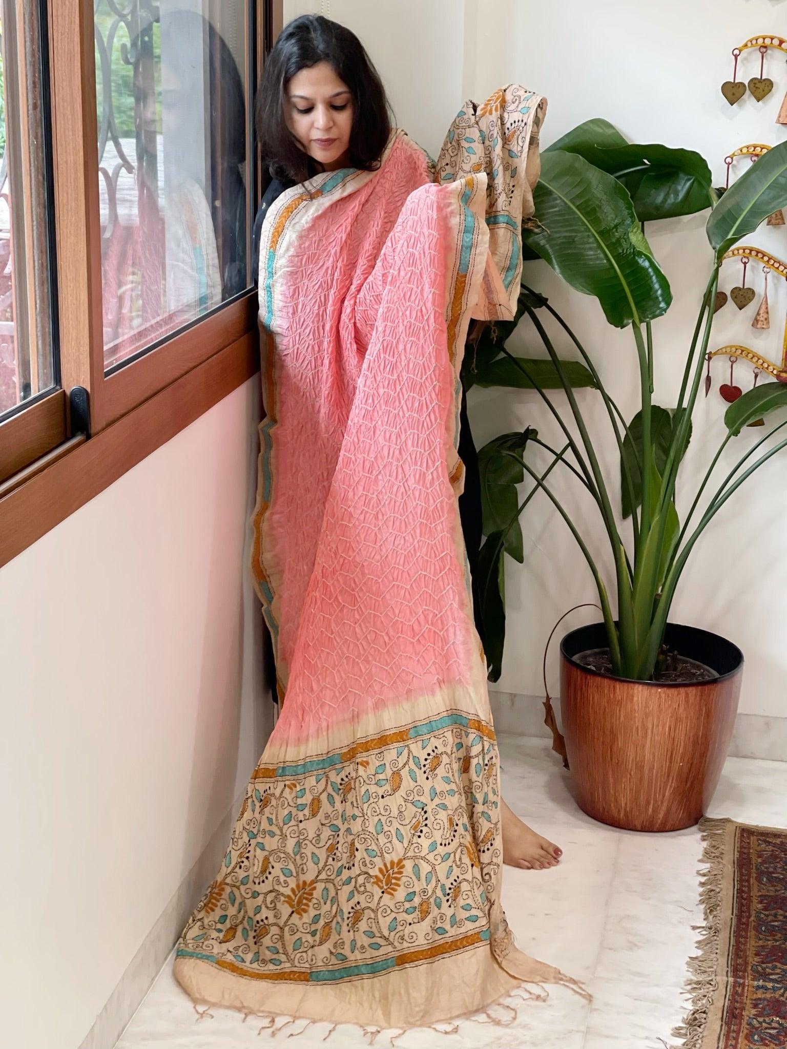 Peachish Pink Rai Bandhej Dupatta with Kantha Handwork in Pure Munga Tussar Silk - Masakalee