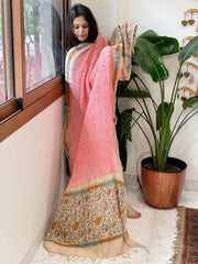 Peachish Pink Rai Bandhej Dupatta with Kantha Handwork in Pure Munga Tussar Silk - Masakalee