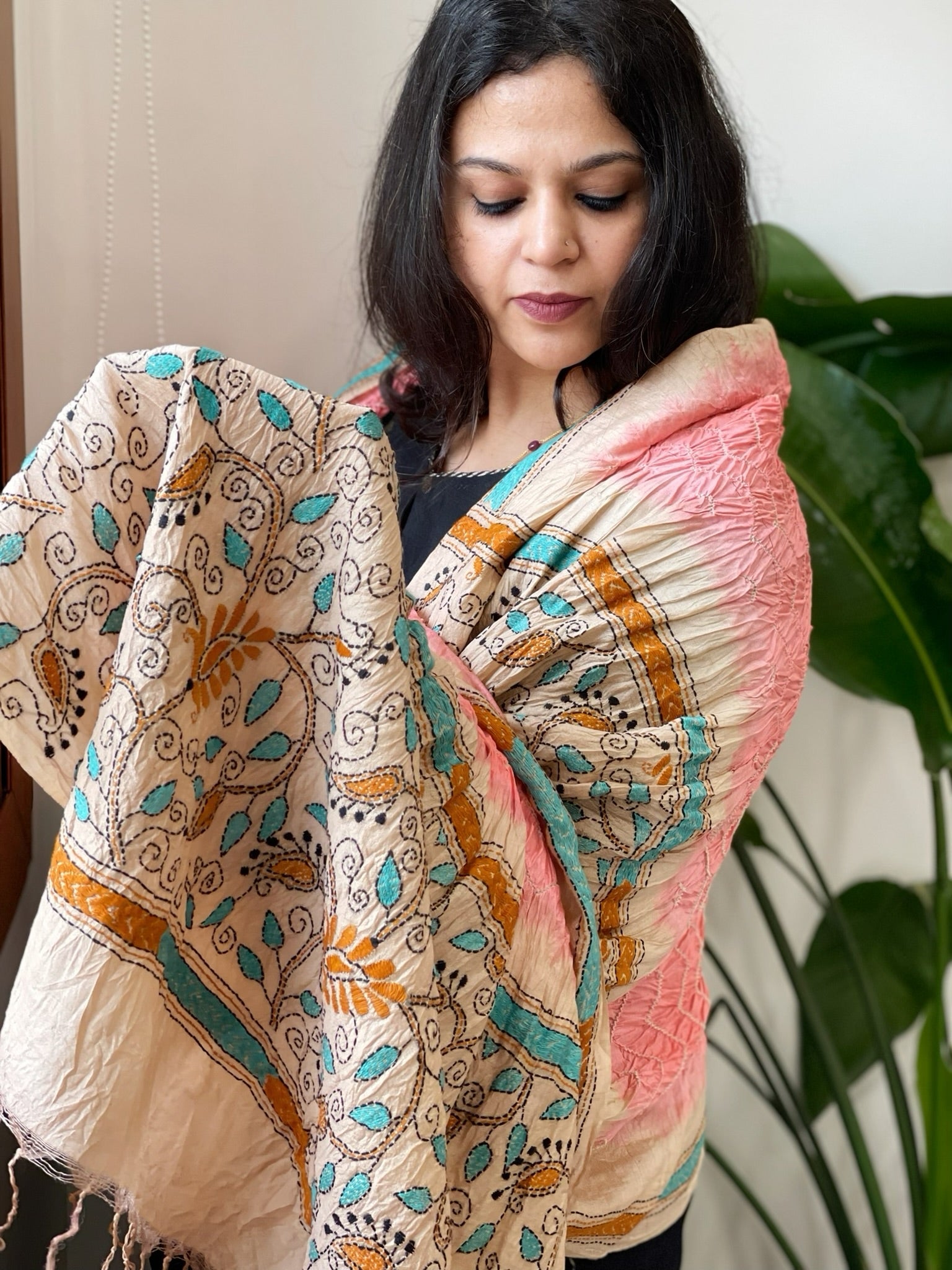 Peachish Pink Rai Bandhej Dupatta with Kantha Handwork in Pure Munga Tussar Silk - Masakalee