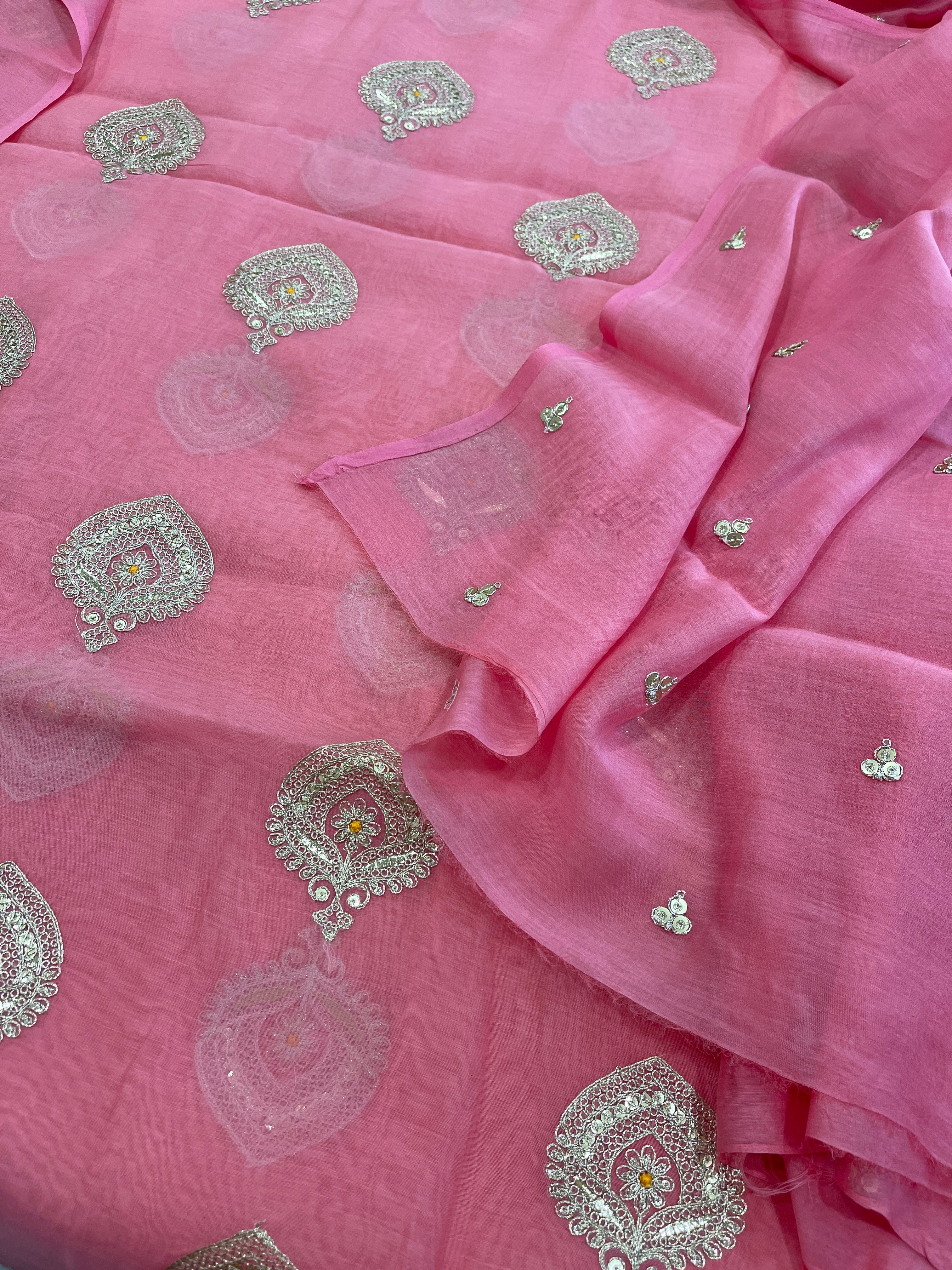 Peachish Pink Suit Set with Gold Thread & Sequin Work in Pure Mul - Masakalee