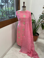 Peachish Pink Suit Set with Gold Thread & Sequin Work in Pure Mul - Masakalee