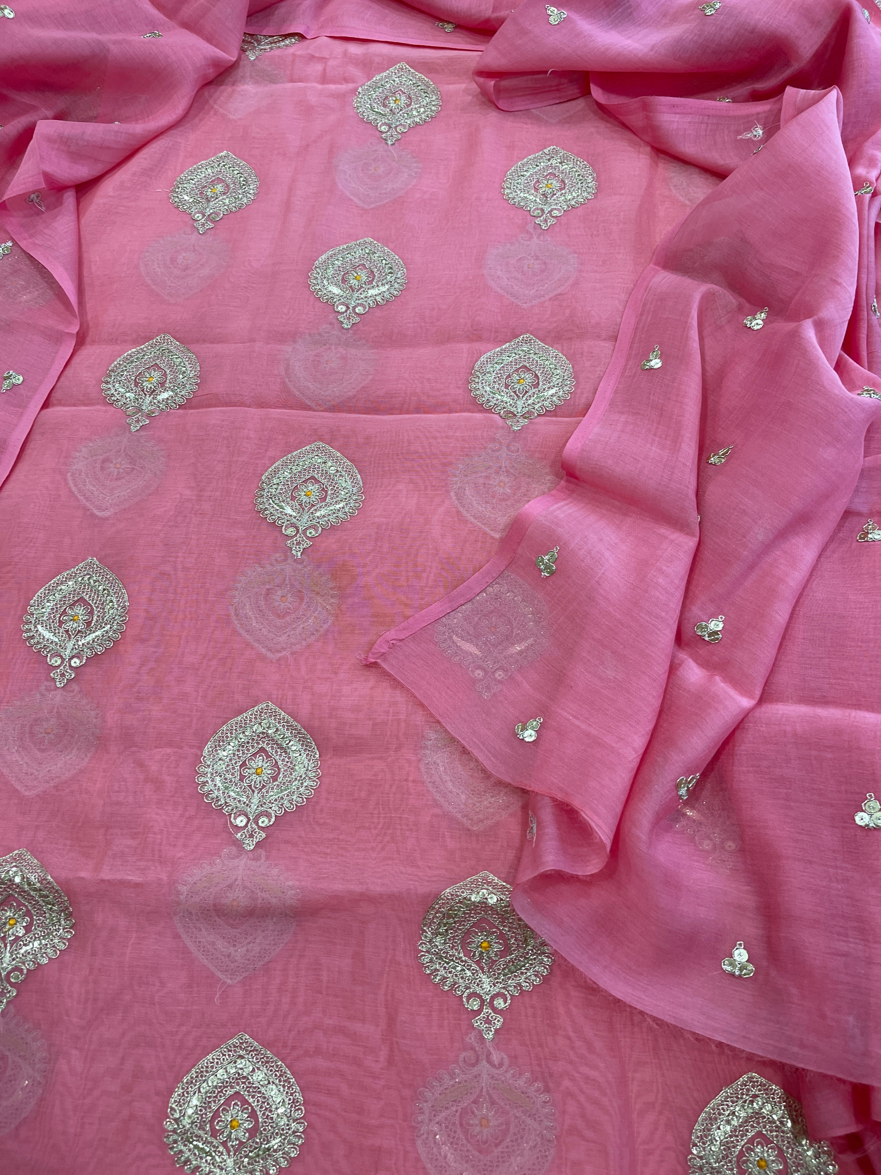 Peachish Pink Suit Set with Gold Thread & Sequin Work in Pure Mul - Masakalee