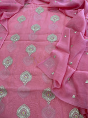 Peachish Pink Suit Set with Gold Thread & Sequin Work in Pure Mul - Masakalee