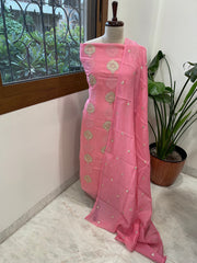 Peachish Pink Suit Set with Gold Thread & Sequin Work in Pure Mul - Masakalee