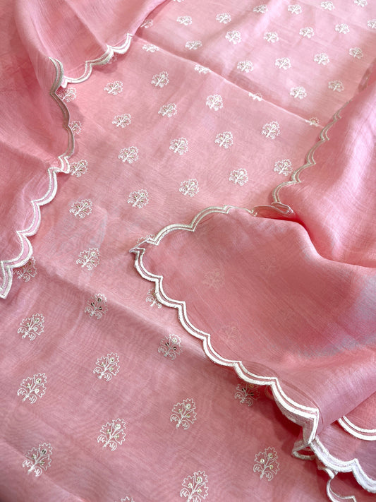 Peachish Pink Suit Set with Gold Thread & Sequin Work in Pure Mul - Masakalee