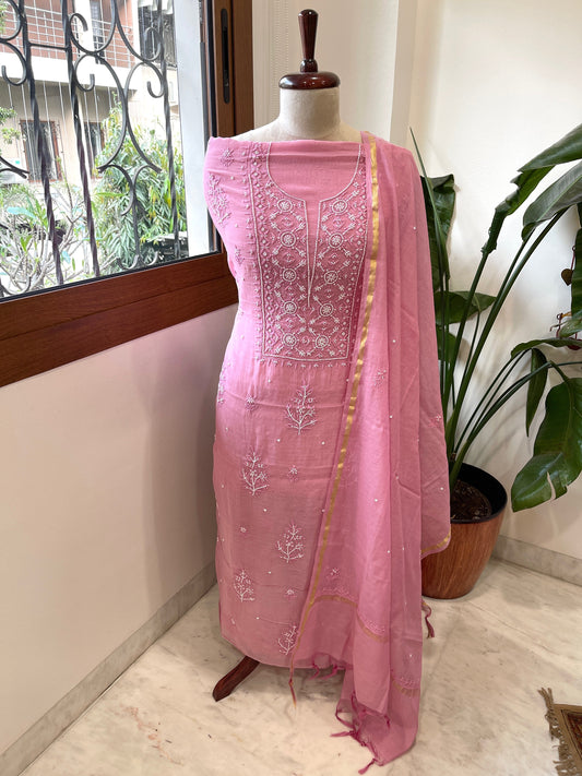 Peachish Pink Suit Set with Lucknowi Handwork in Pure Mul Chanderi - Masakalee