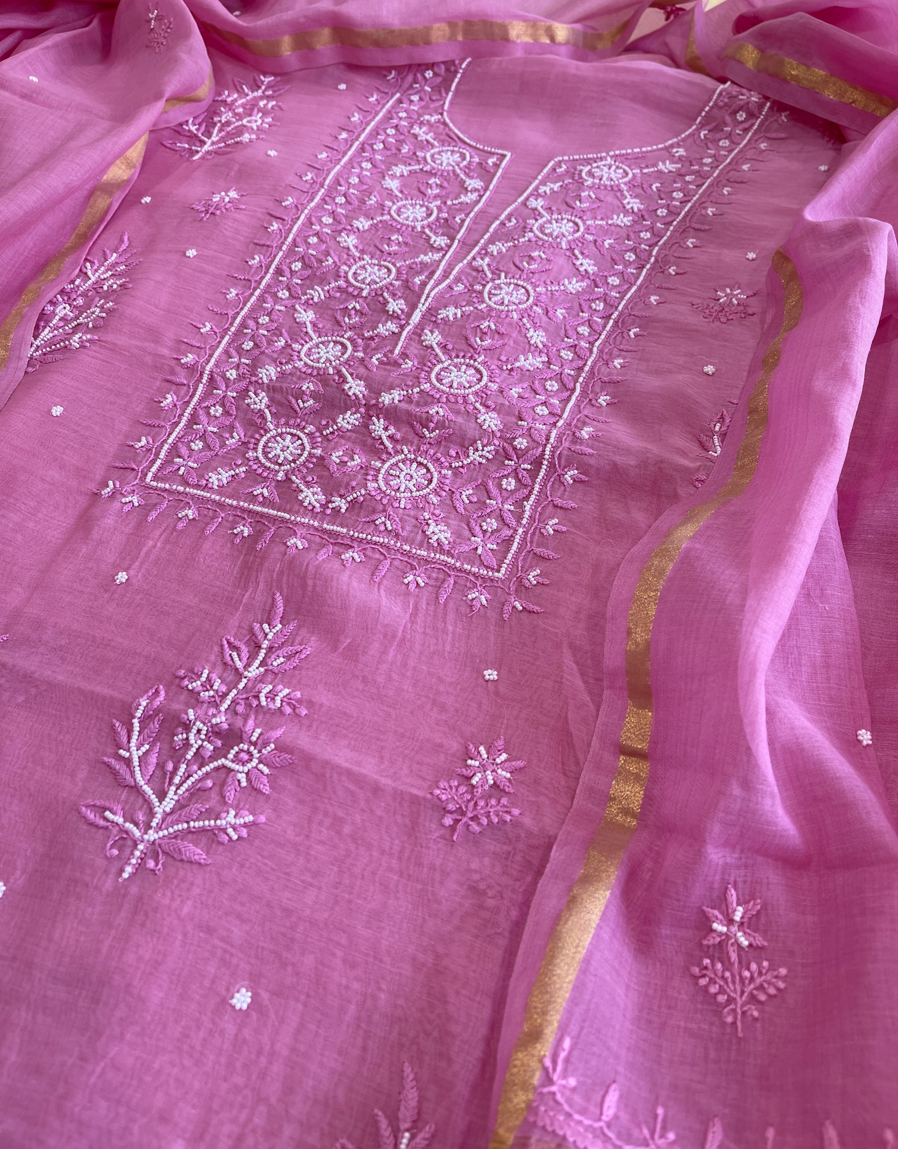 Peachish Pink Suit Set with Lucknowi Handwork in Pure Mul Chanderi - Masakalee