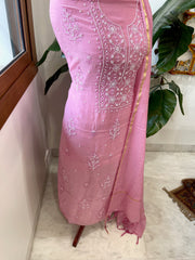Peachish Pink Suit Set with Lucknowi Handwork in Pure Mul Chanderi - Masakalee