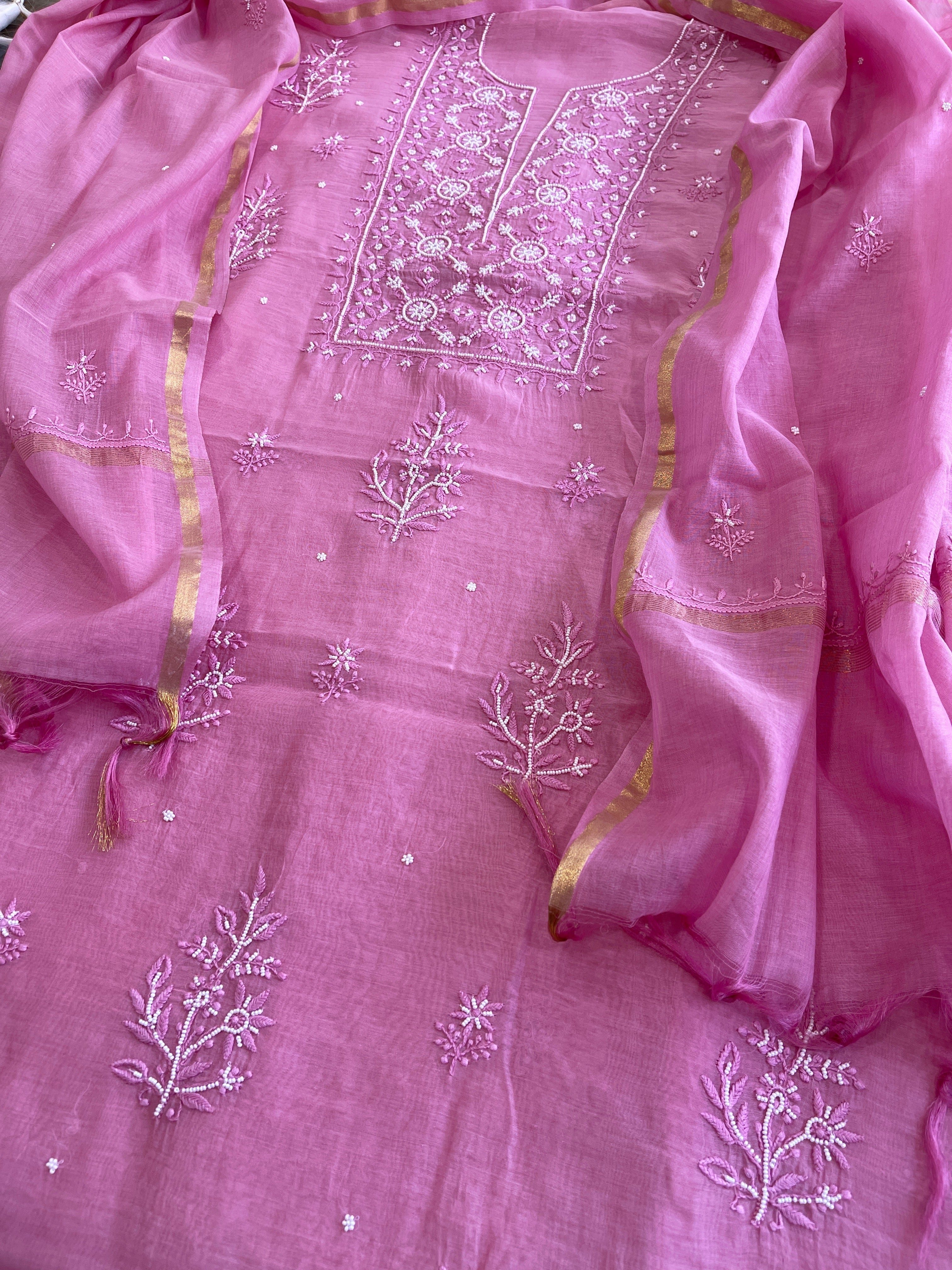 Peachish Pink Suit Set with Lucknowi Handwork in Pure Mul Chanderi - Masakalee