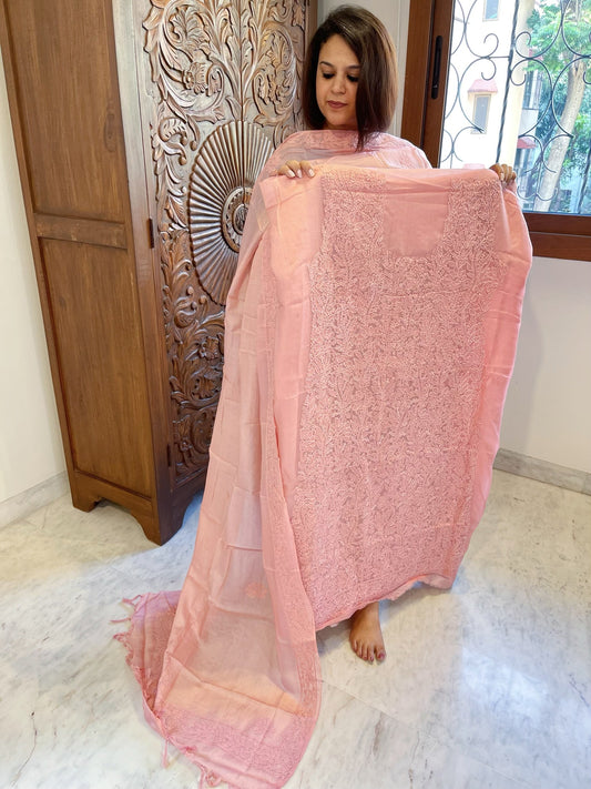 Peachish pink Suit Set with Lucknowi Handwork in Pure Tussar Silk - Masakalee