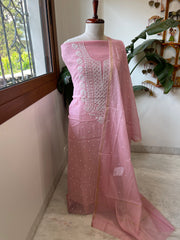 Peachish Pink Suit Set with Lucknowi & Pearl Handwork in Pure Mul Cotton - Masakalee