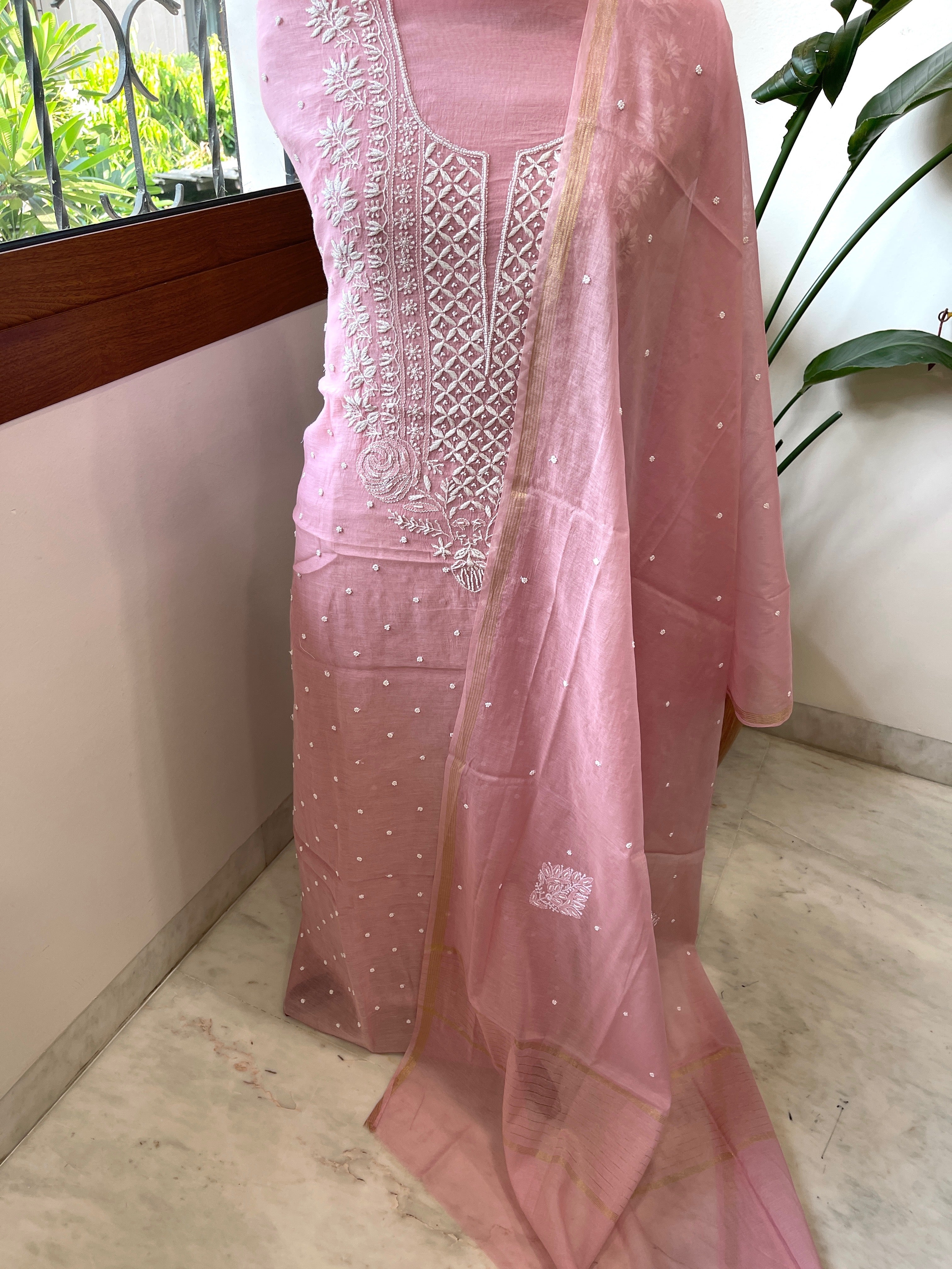 Peachish Pink Suit Set with Lucknowi & Pearl Handwork in Pure Mul Cotton - Masakalee