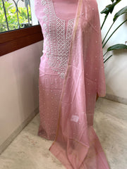 Peachish Pink Suit Set with Lucknowi & Pearl Handwork in Pure Mul Cotton - Masakalee