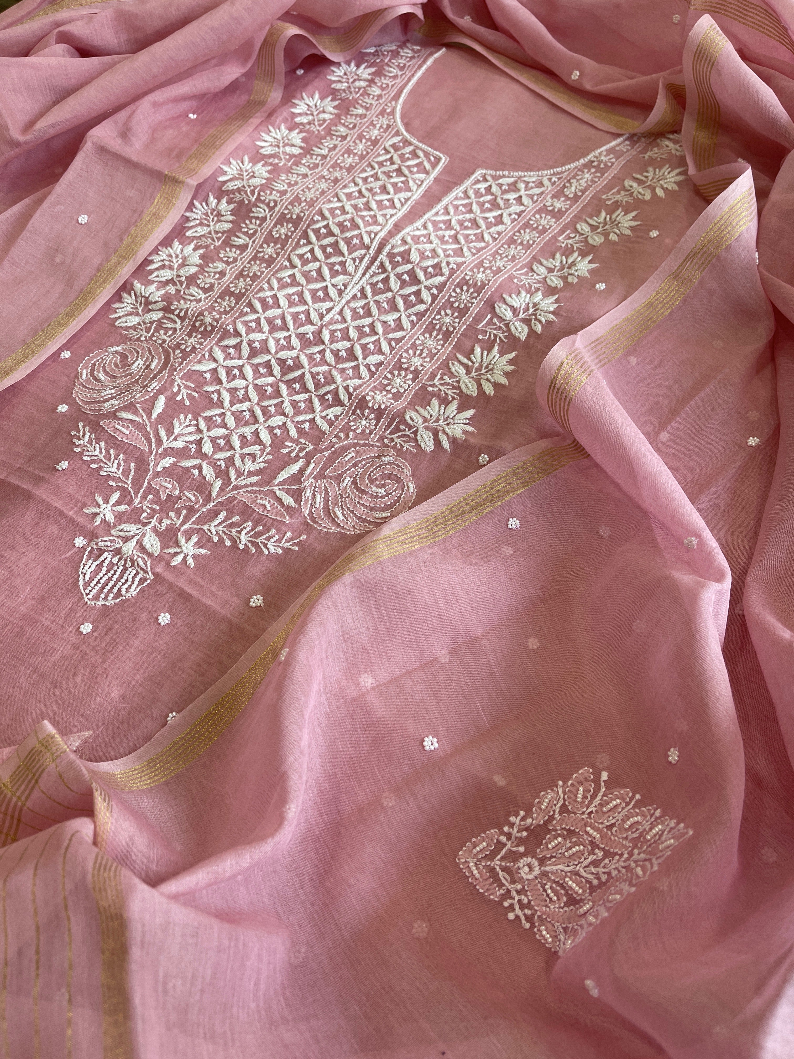Peachish Pink Suit Set with Lucknowi & Pearl Handwork in Pure Mul Cotton - Masakalee