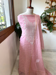 Peachish Pink Suit Set with Lucknowi & Pearl Handwork in Pure Mul Cotton - Masakalee