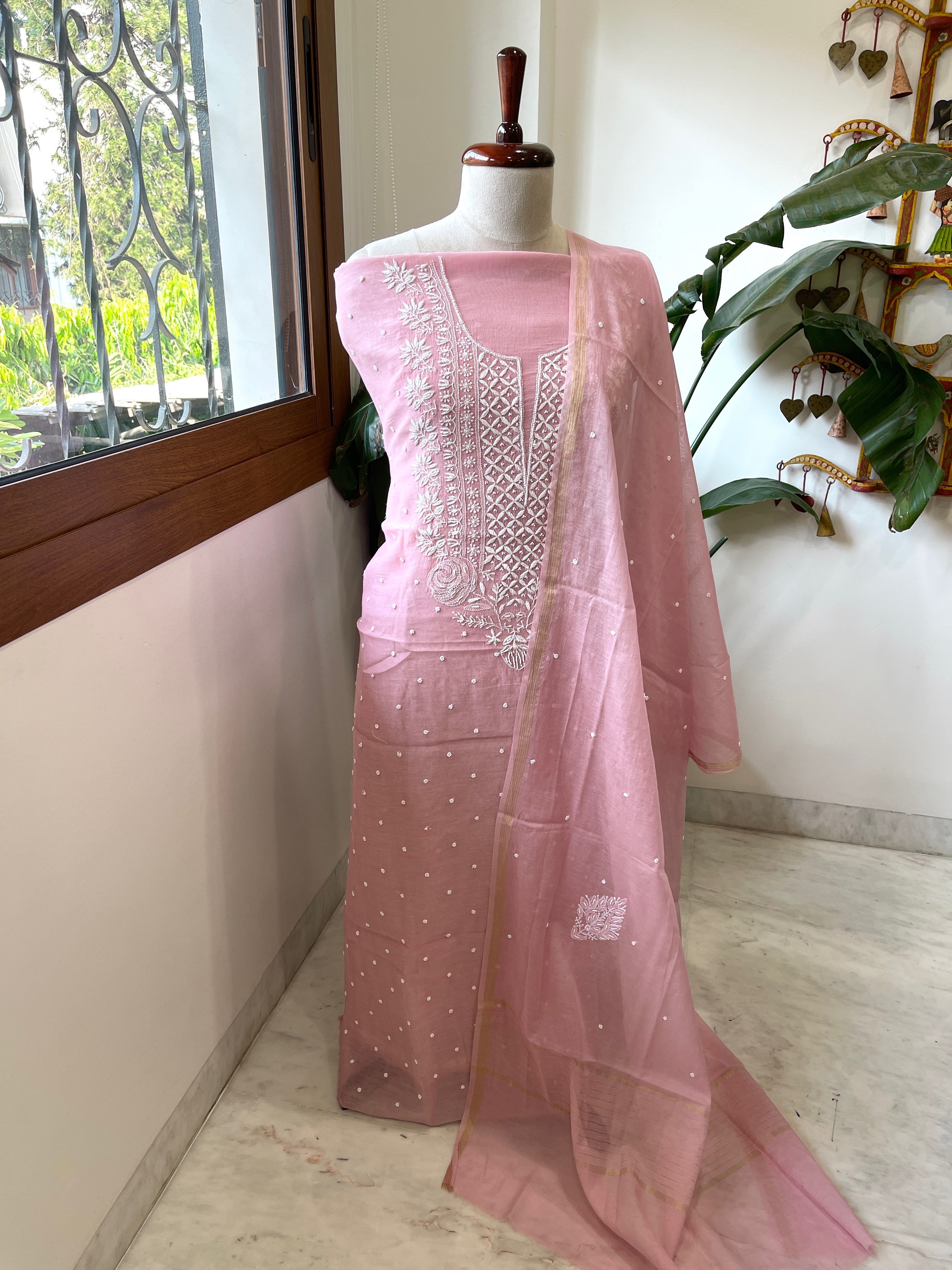 Peachish Pink Suit Set with Lucknowi & Pearl Handwork in Pure Mul Cotton - Masakalee