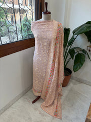 Peachish Pink Suit Set with Parsi Gara Embroidery in Georgette - Masakalee