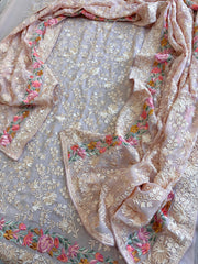 Peachish Pink Suit Set with Parsi Gara Embroidery in Georgette - Masakalee