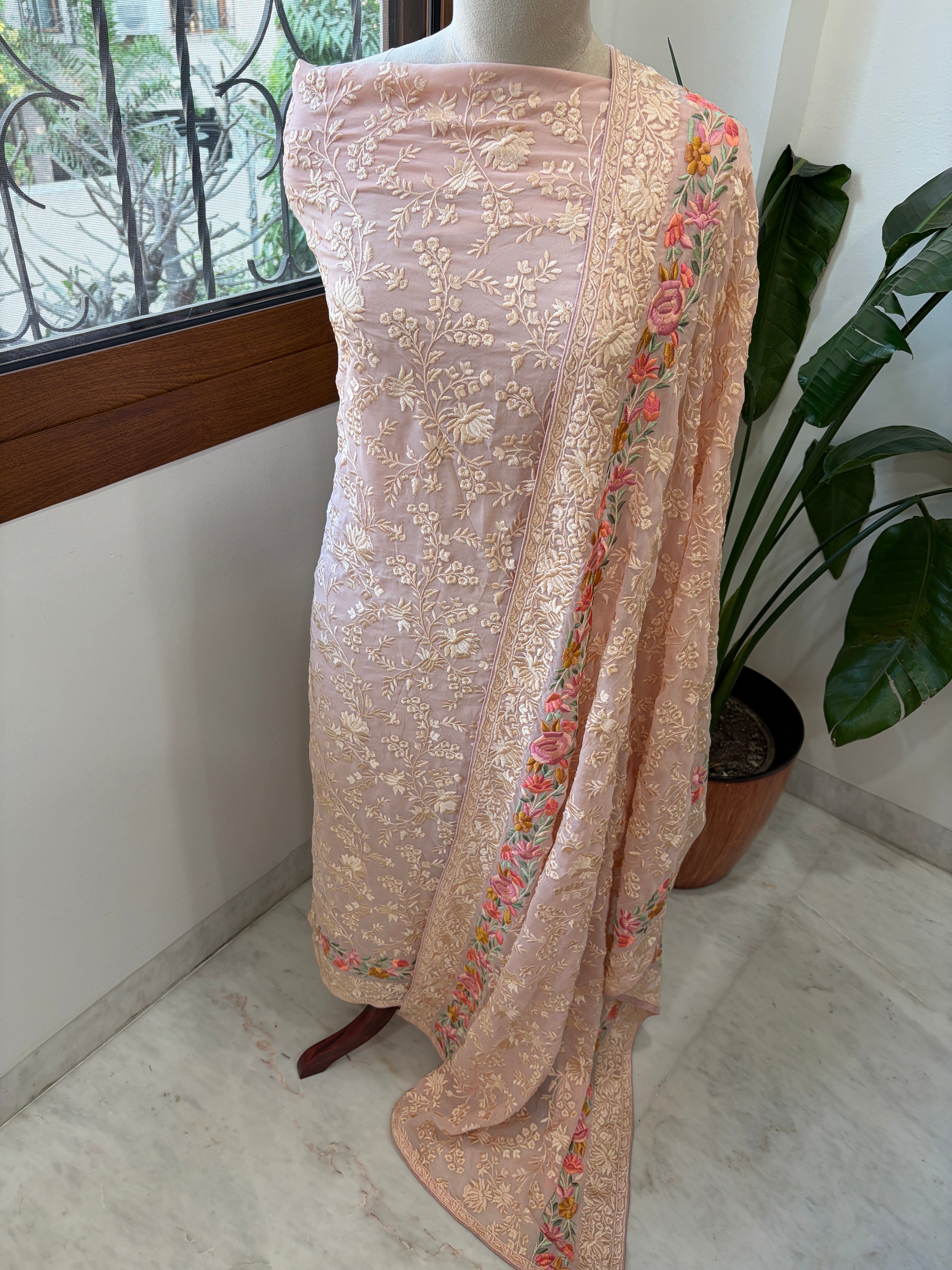 Peachish Pink Suit Set with Parsi Gara Embroidery in Georgette - Masakalee