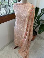 Peachish Pink Suit Set with Parsi Gara Embroidery in Georgette - Masakalee