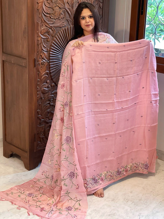 Peachish Pink Suit Set with Parsi Gara Embroidery in Pure Tussar Silk - Masakalee
