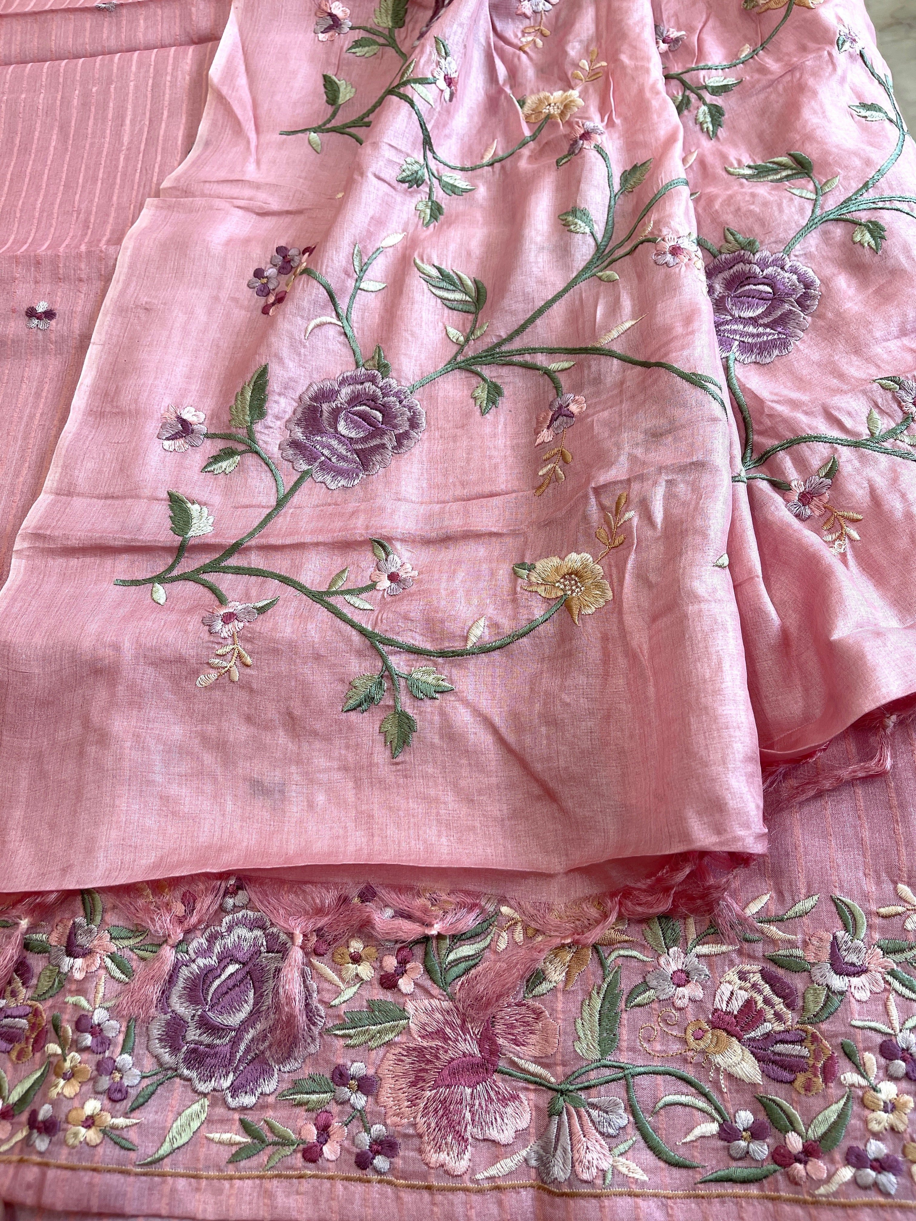 Peachish Pink Suit Set with Parsi Gara Embroidery in Pure Tussar Silk - Masakalee