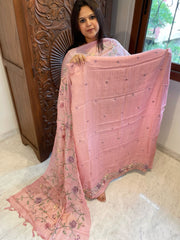 Peachish Pink Suit Set with Parsi Gara Embroidery in Pure Tussar Silk - Masakalee