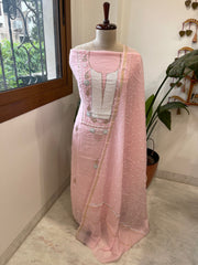 Peachish Pink Suit Set with Pearl, Cut Daana and Mukaish Handwork in Pure Mul Chanderi - Masakalee
