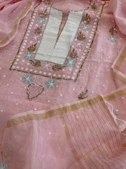 Peachish Pink Suit Set with Pearl, Cut Daana and Mukaish Handwork in Pure Mul Chanderi - Masakalee