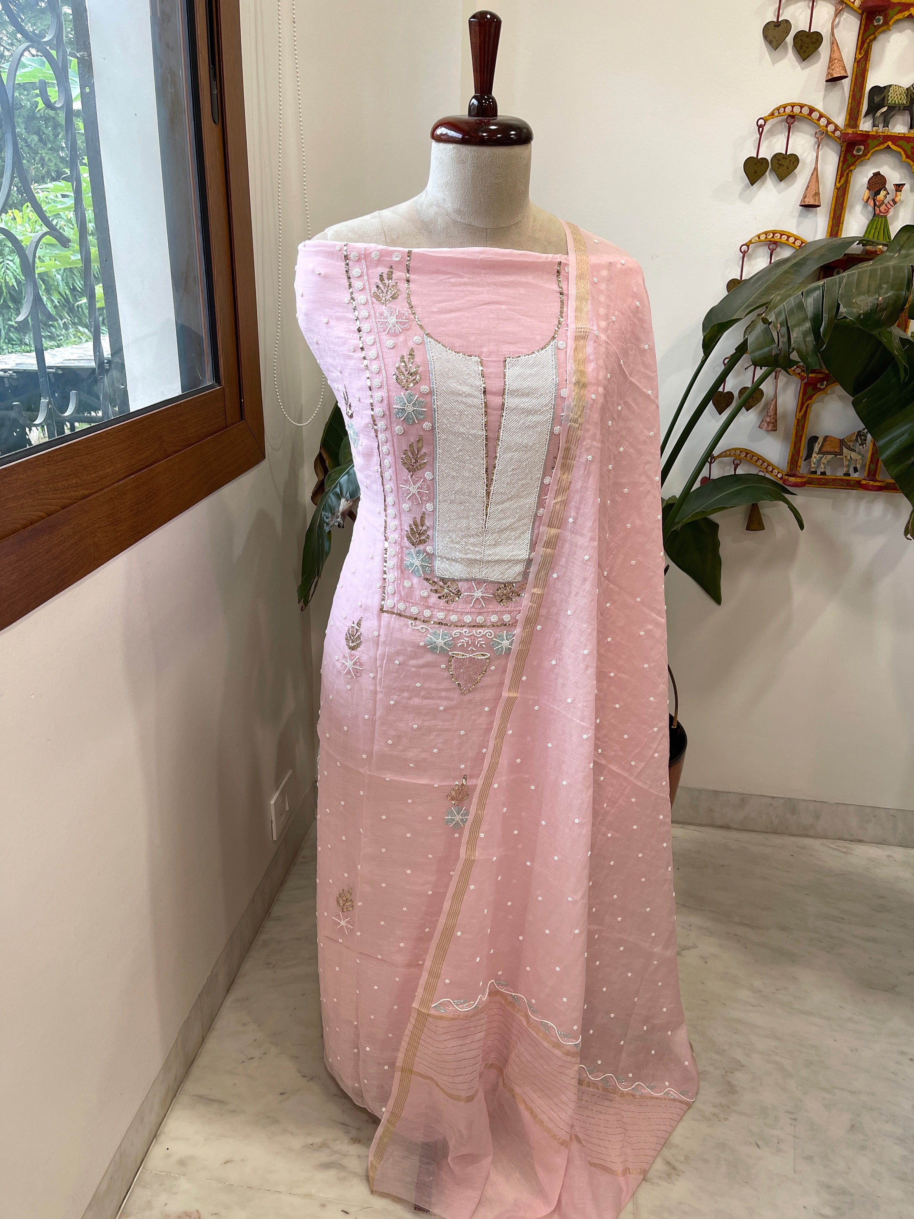 Peachish Pink Suit Set with Pearl, Cut Daana and Mukaish Handwork in Pure Mul Chanderi - Masakalee