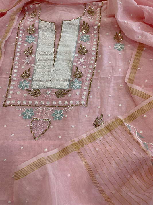 Peachish Pink Suit Set with Pearl, Cut Daana and Mukaish Handwork in Pure Mul Chanderi - Masakalee