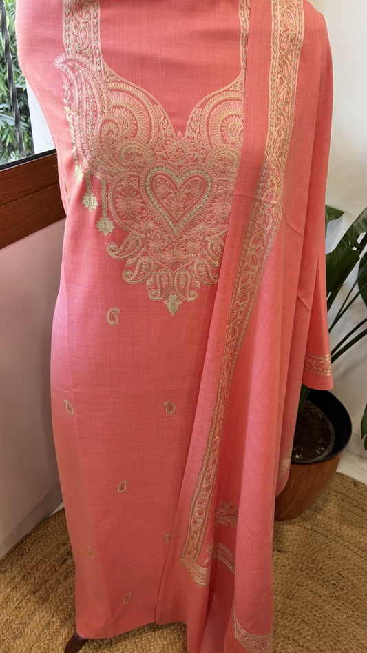 Peachish Pink Winter Suit Set with Aari Work in Pashmina Wool - Masakalee