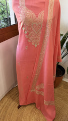 Peachish Pink Winter Suit Set with Aari Work in Pashmina Wool - Masakalee