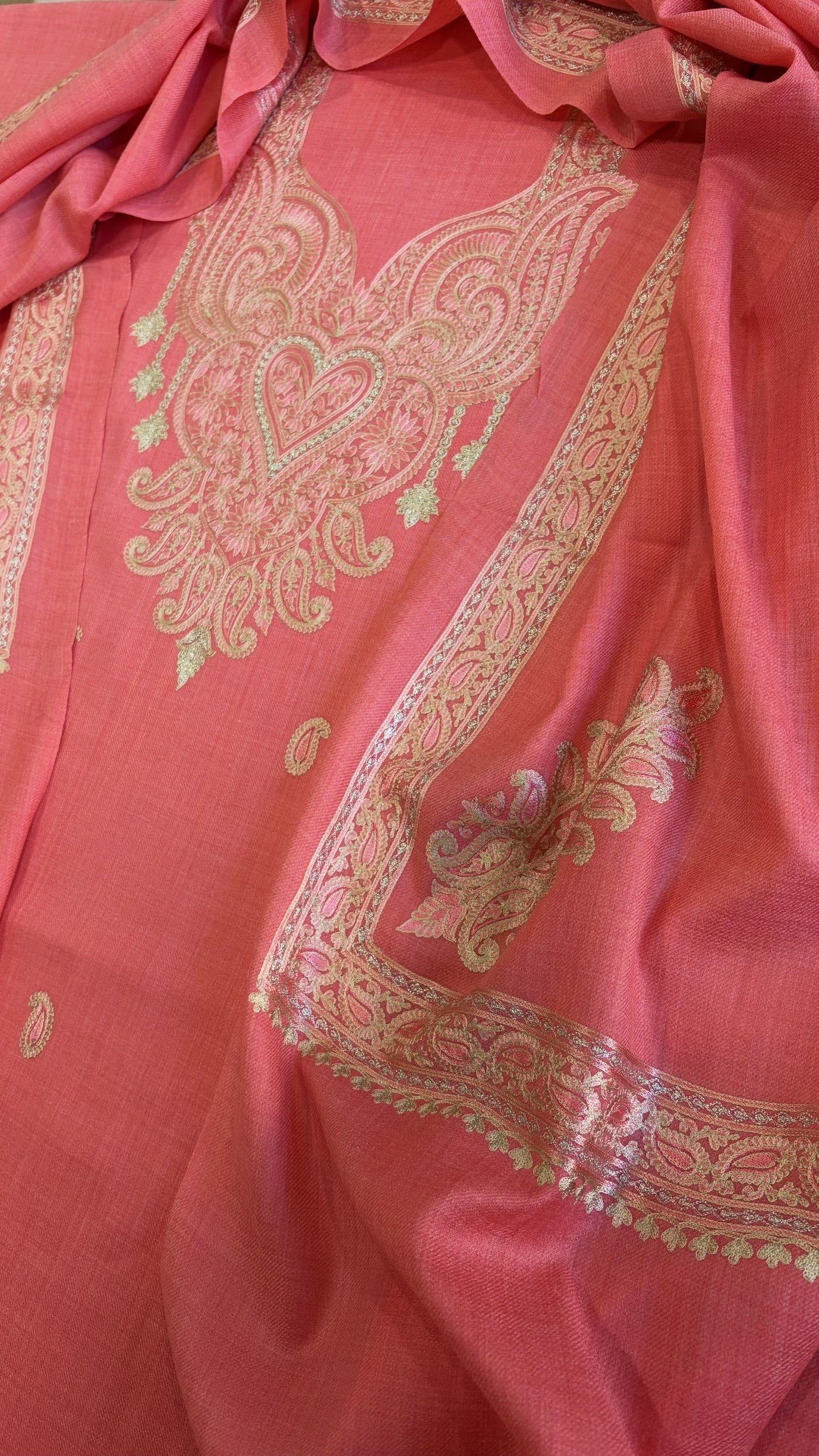 Peachish Pink Winter Suit Set with Aari Work in Pashmina Wool - Masakalee
